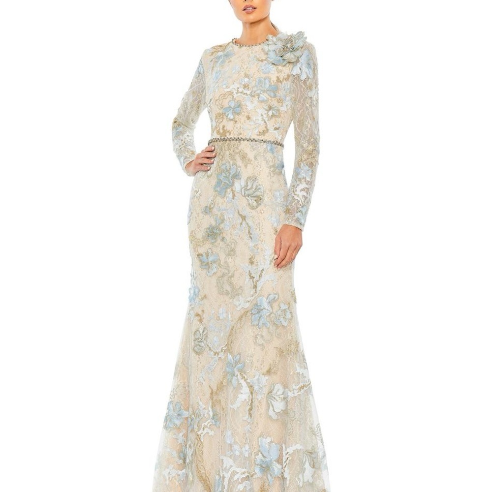 Mac Duggal Blue and Cream Floral Long Sleeve Gown